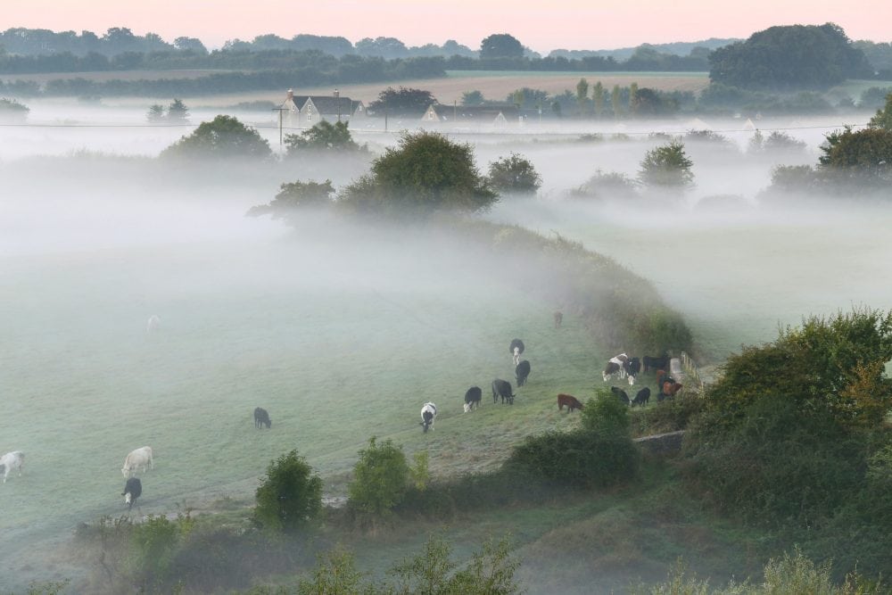 The view this morning from the hilltop town of Malmesbury, Wiltshire, as mist rises from farmland after temperatures dropped to near freezing overnight, October 10 2016.