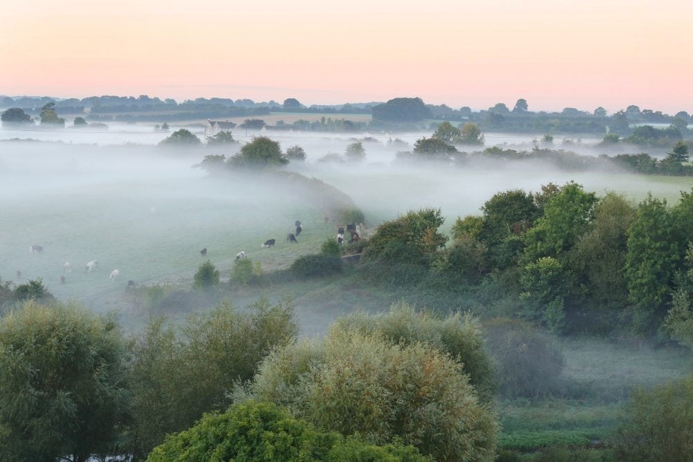 The view this morning from the hilltop town of Malmesbury, Wiltshire, as mist rises from farmland after temperatures dropped to near freezing overnight, October 10 2016.