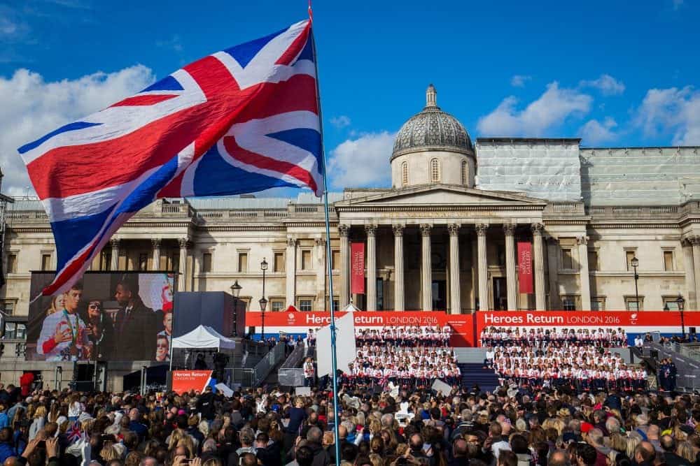 Thousands of people pack into Trafalgar square for the London Heroes return event for the Great Britain Olympic team, London. 18 October 2016.