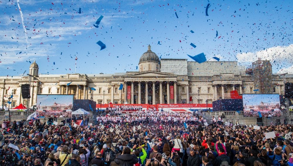 Thousands of people pack into Trafalgar square for the London Heroes return event for the Great Britain Olympic team, London. 18 October 2016.