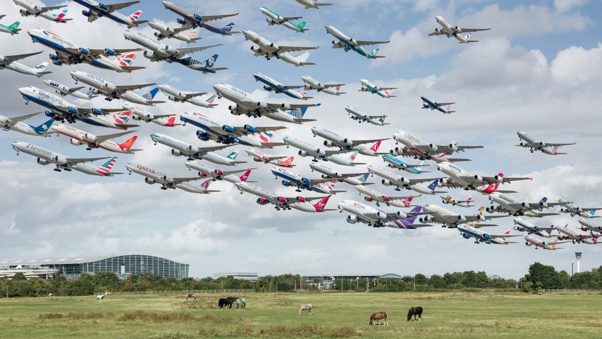 London Heathrow Airport composite by Mike Kelley, from Los Angeles, USA. See Masons copy MNPLANES: As ministers clear a third runway for takeoff at Heathrow a photographer has released a  series of composite images showing the astonishing volume of air traffic coming from the world's busiest airports. Martin Kelley has been working on the aptly-named Airportraits project, taking pictures of planes taking off from runways and compiling them into impressive combined shots, for two years. The architectural photographer was plane spotting at Los Angeles' LAX airport in America in 2014 when he landed on the idea.
