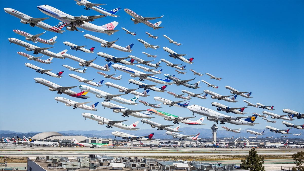 Los Angeles Airport composite by Mike Kelley, from Los Angeles, USA. See Masons copy MNPLANES: As ministers clear a third runway for takeoff at Heathrow a photographer has released a  series of composite images showing the astonishing volume of air traffic coming from the world's busiest airports. Martin Kelley has been working on the aptly-named Airportraits project, taking pictures of planes taking off from runways and compiling them into impressive combined shots, for two years. The architectural photographer was plane spotting at Los Angeles' LAX airport in America in 2014 when he landed on the idea.
