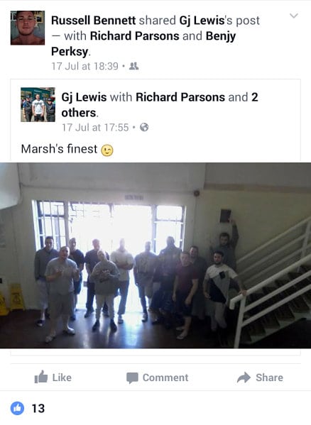 ***Picture taken without permission*** A group of inmates at HMP Guys Marsh in Dorset. Inmates jailed for murder, drug dealing and bank robbery are drinking booze, taking drugs and getting takeaways delivered to their prison cells. See National story NNLAGS; The group of lags even post pictures on social media bragging about flouting the laws banning prisoners from luxuries such as playing games consoles and brewing home-made vodka. In one post by Callum Morris he boasts of sticking a syringe in the buttocks of Richard Parsons, who is currently serving a life sentence for the brutal murder of his 17-year-old girlfriend, Jade Blundell in 2003 with a Gurkha knife. He stabbed her 14