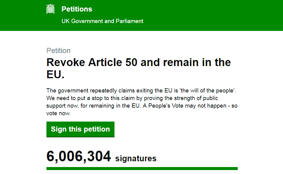 Revoke Article 50 petition passes 6 million signatures