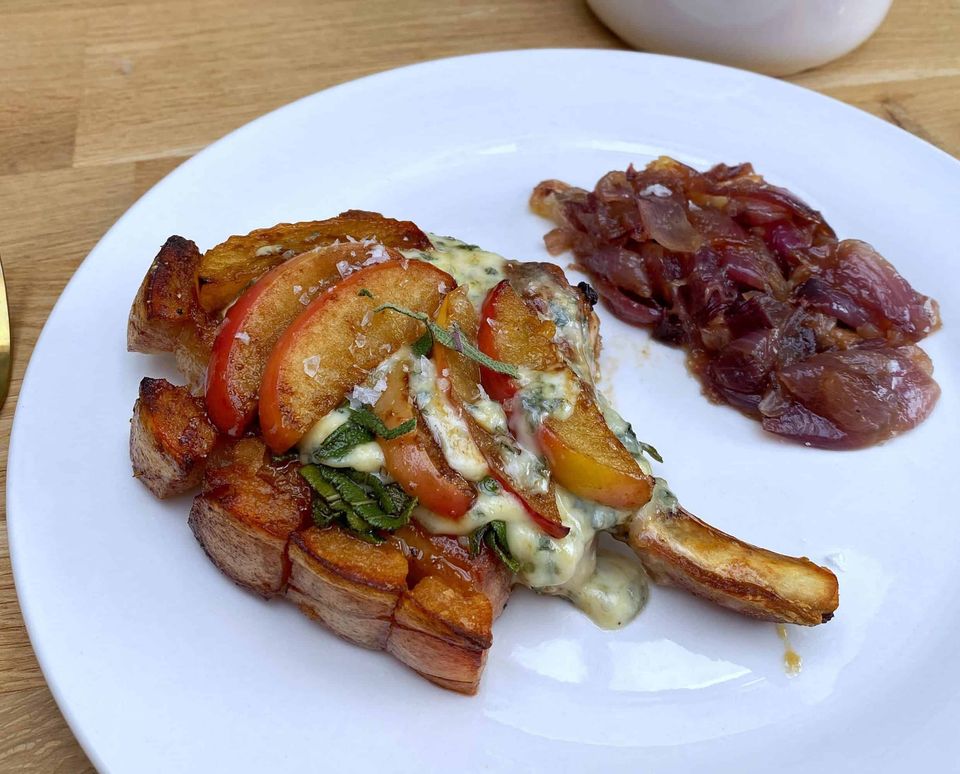 Pork Chops with Apple, Honey, and Blue Cheese - Recipe