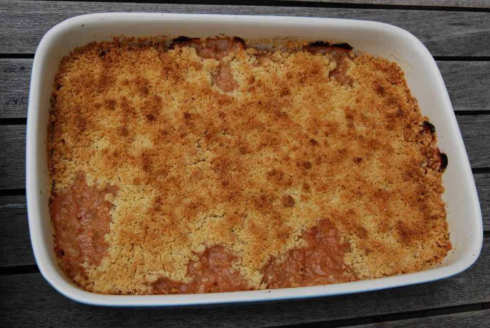 Rhubarb crumble recipe, with ginger, almonds, and cardamom custard