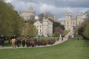 The King's Troop Royal Horse Artillery move up the Long Walk, Windsor Castle, Berkshire, during a rehearsal for the funeral of the Duke of Edinburgh. Picture date: Thursday April 15, 2021.