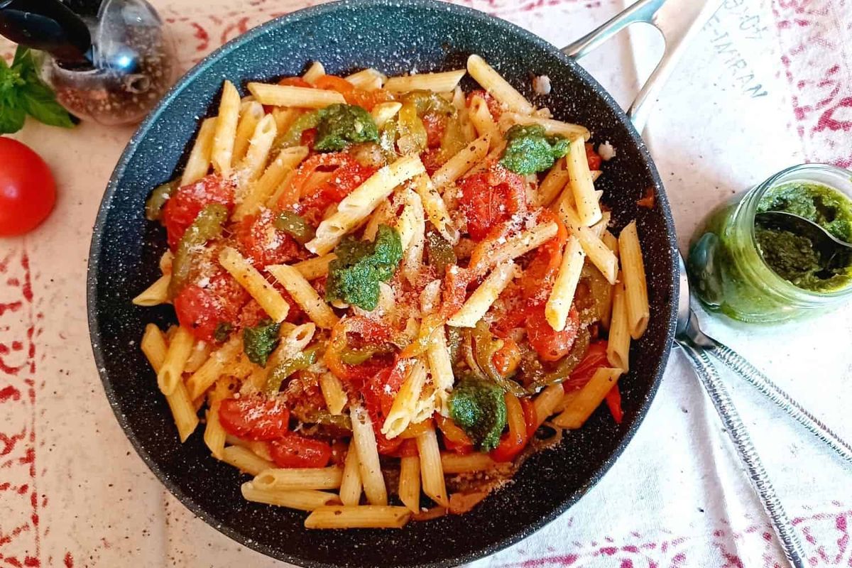 Pasta Peperonata Sauce With Homemade Pecan Nut Pesto