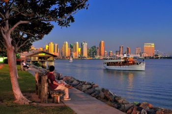 View of San Diego from Harbor Island at twilight