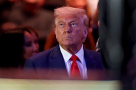 NEWARK, NEW JERSEY - JUNE 07: President Donald Trump attends UFC 316 at the Prudential Center on June 07, 2025 in Newark, New Jersey.  (Photo by Elsa/Getty Images)