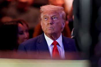NEWARK, NEW JERSEY - JUNE 07: President Donald Trump attends UFC 316 at the Prudential Center on June 07, 2025 in Newark, New Jersey.  (Photo by Elsa/Getty Images)