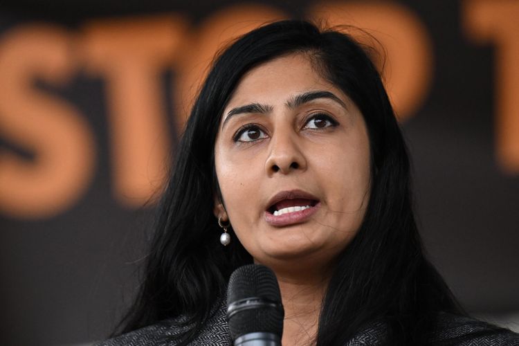 LONDON, ENGLAND - SEPTEMBER 17:  Labour Party MP Zarah Sultana speaks from the stage in Parliament Square during a protest against the State Visit of US President Donald Trump on September 17, 2025 in London England. (Photo by Leon Neal/Getty Images)