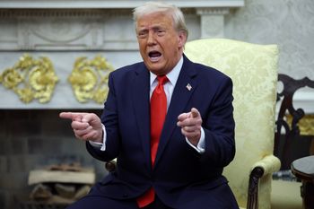 WASHINGTON, DC - APRIL 14: U.S. President Donald Trump gestures as he meets with President Nayib Bukele of El Salvador in the Oval Office of the White House April 14, 2025 in Washington, DC. Trump and Bukele were expected to discuss a range of bilateral issues including the detention of Kilmar Armando Abrego Garcia, who has been held in a prison in El Salvador since March 15.  (Photo by Win McNamee/Getty Images)