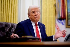 WASHINGTON, DC - MARCH 31: U.S. President Donald Trump gestures while speaking during an executive order signing event in the Oval Office of the White House on March 31, 2025 in Washington, DC. Trump has signed an executive order against ticket scalping and reforming the live entertainment ticket industry. (Photo by Andrew Harnik/Getty Images)