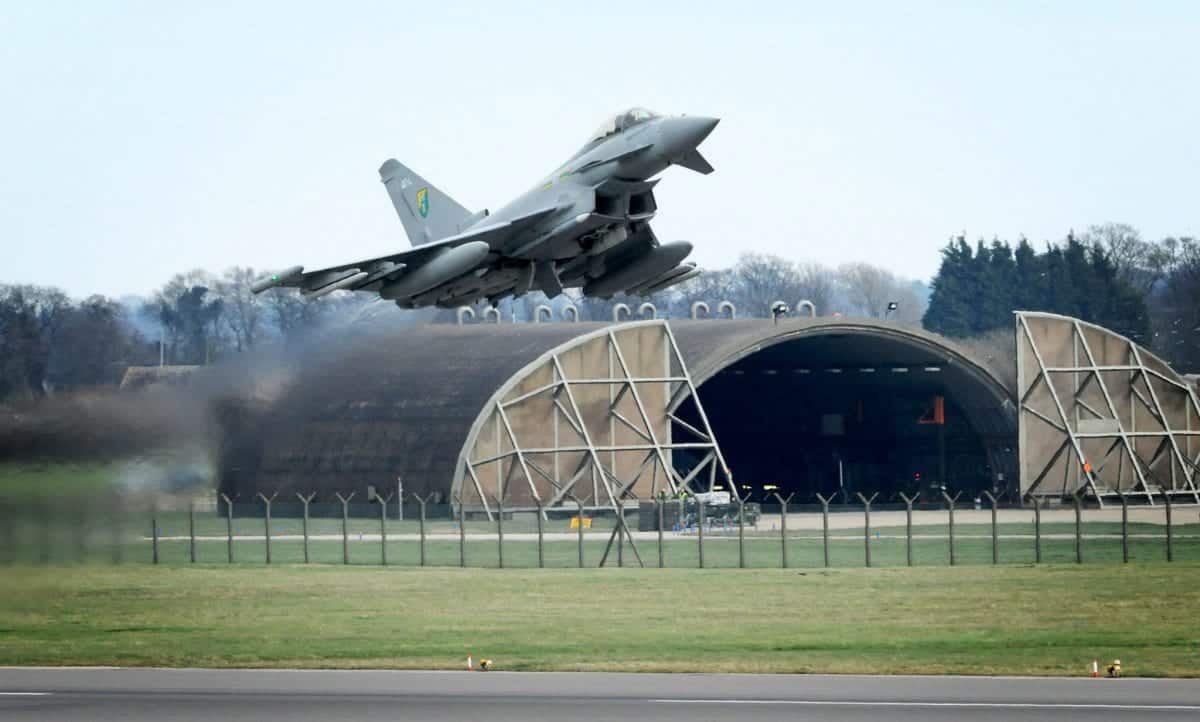 A Royal Air Force (RAF) Typhoon aircraft takes off from RAF Coningsby in Lincolnshire to take part in the UN-backed operation over Libya.