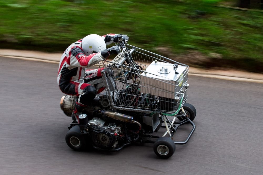 Petrol Head Completes Motorcycle Race in Jet-Powered Shopping Trolley