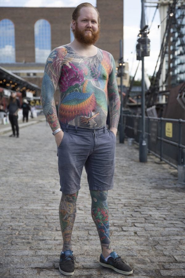 Tattoo enthusiast from Norway, Lasse Risvik, at the London Tattoo convention in Shadwell, East London. . 23 September 2016.