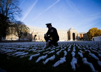 Commodore Jake Moores inspects The 'Shroud of the Somme' installation at Bristol Cathedral today, which depicts 19000 men who died at the Battle of the Somme. November 11 2016.