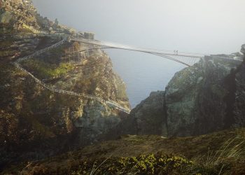 CGI of the new bridge planned for Tintagel, Cornwall. See SWNS story SWBRIDGE; A display to gather local opinions on proposed designs for a new bridge at Tintagel Castle is to take place in the Tintagel Castle Ticket Office & Shop over four days in November and December (6 - 7 November & 11 - 12 December), it has been announced. The display will feature further information about the proposed bridge, as well as the chance to meet the experts involved in the project, and learn more about proposed landscaping improvements to help preserve the important archaeology and ecology of this important site. There will also be a chance to hear about new geological investigations which have taken place at Tintagel Castle to assess the suitability of the site for such a bridge.
