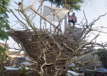 Fife-based sculptor and artist Denis Carbonaro with his Bark Park, larger-than-life creations including a woolly mammoth in the front garden, a huge spider crawling up the house, or a galleon ship in the garden made from foraged tree bark and foliage. Jan 26 2017 . See Centre Press story CPSHIP; A wacky sculptor has turned his property into a tourist attraction after creating an impressive galleon ship, nestled in trees at the back of his garden. Denis Carbonaro, 48, quit his job three years ago to return to his love of art, and soon turned to working as a sculptor. And now he hopes his popular garden in Dalgety Bay, Fife, can lay the future for a dedicated sculpture park. Denis, a former web designer originally from the Italian island of Sicily, has become famous in the area for his wooden sculptures of a mammoth and a spider. He uses only recycled wood in his art, often in the form of fallen branches which he finds in the area.