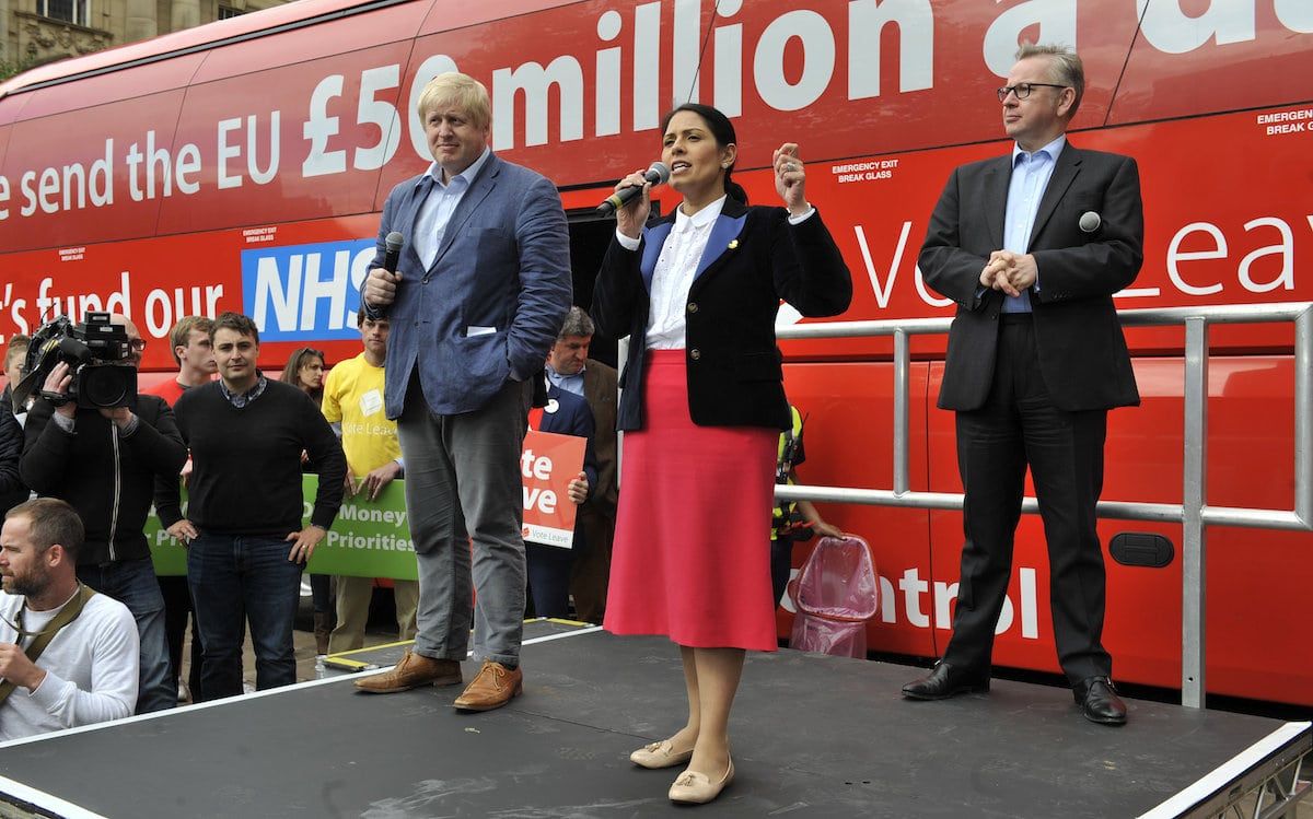 File photo of Boris Johnson making his Vote Leave speech in Preston, Lancs., along with Michael Gove and Priti Patel as they bring their Brexit roadshow to the Lancashire city. 1 June 2016. The bus used in the Vote Leave campaign has now been bought by Greenpeace.