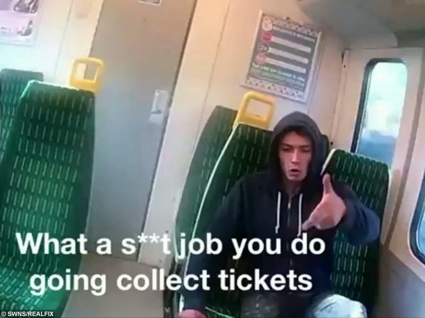 Jailed! Foul-mouthed fare dodger caught on camera attacking train guard