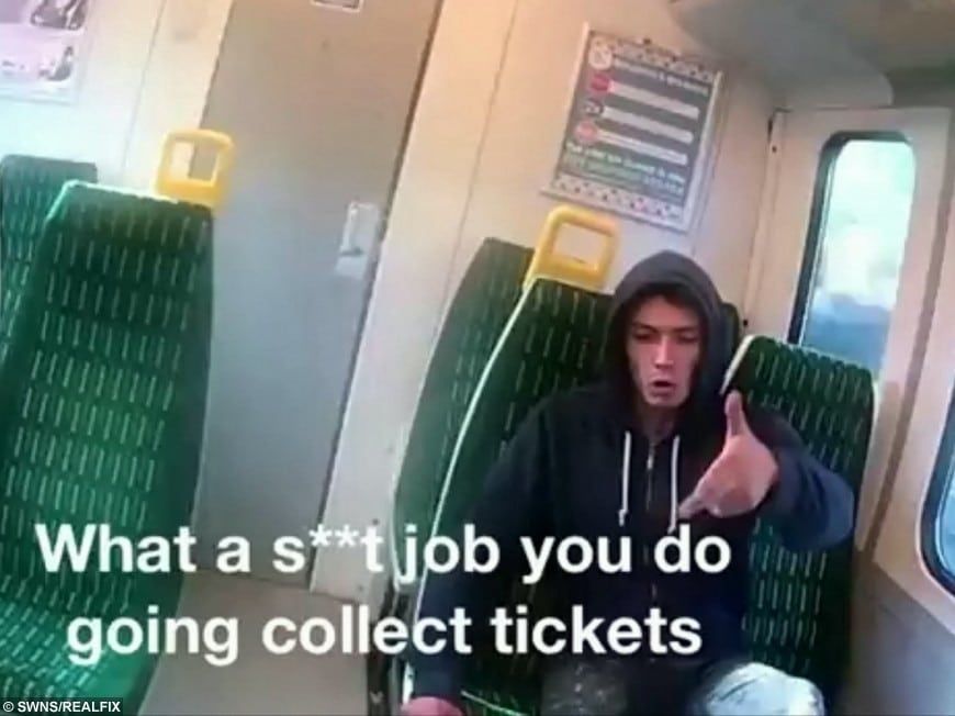 Jailed! Foul-mouthed fare dodger caught on camera attacking train guard