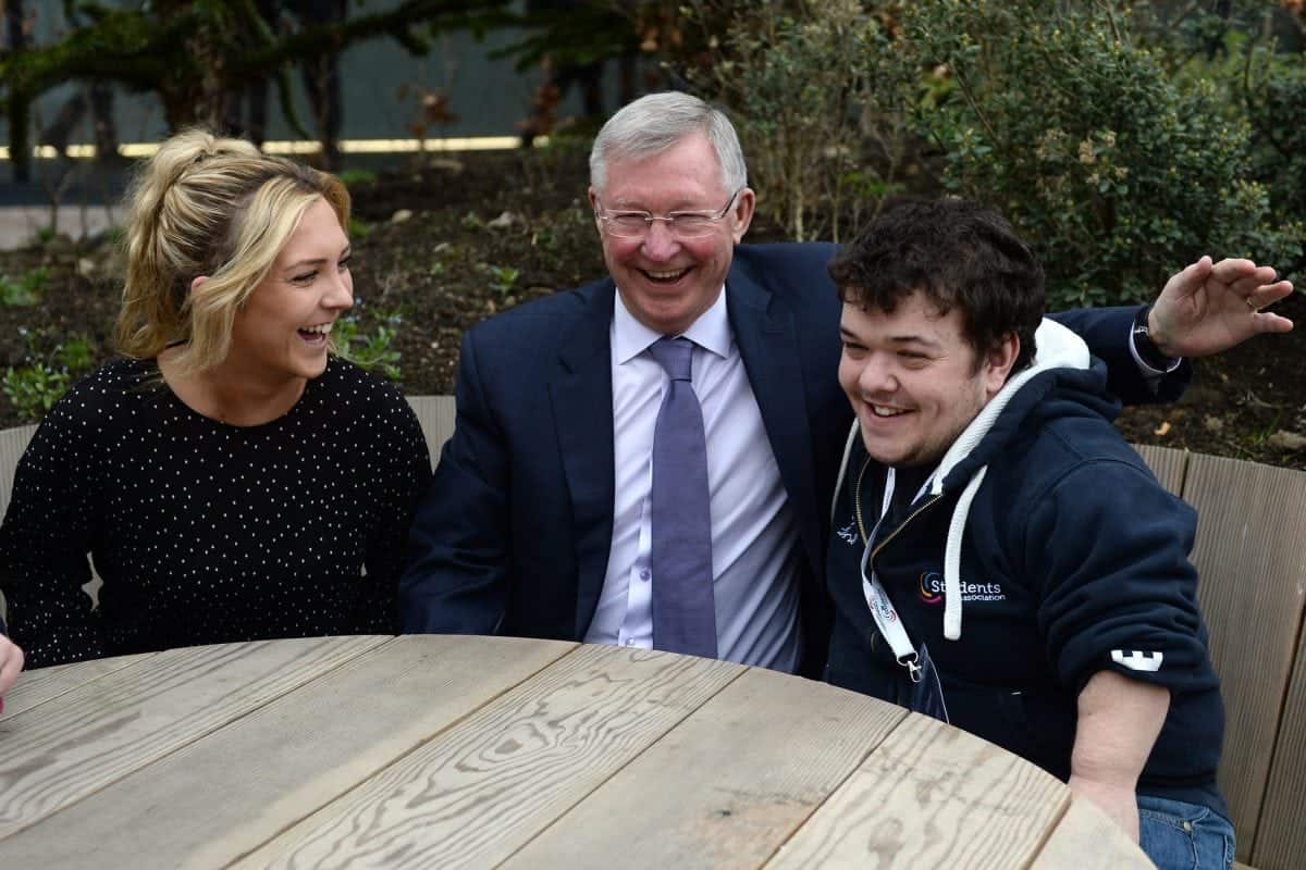 Former Manchester United manager Sir Alex Ferguson, a founding donor to the Glasgow Caledonia University Foundation meets students Lauren Ramage and Chris Daisley, ahead of a leadership talk infront of 350 students. March 29, 2017. Since leaving Manchester United, Sir Alex has specialised in education lecturing at Harvard University on managerial success. In 2015 Sir Alex donated £500,000 to Glasgow Caledonian University, to set up a scholarship scheme.