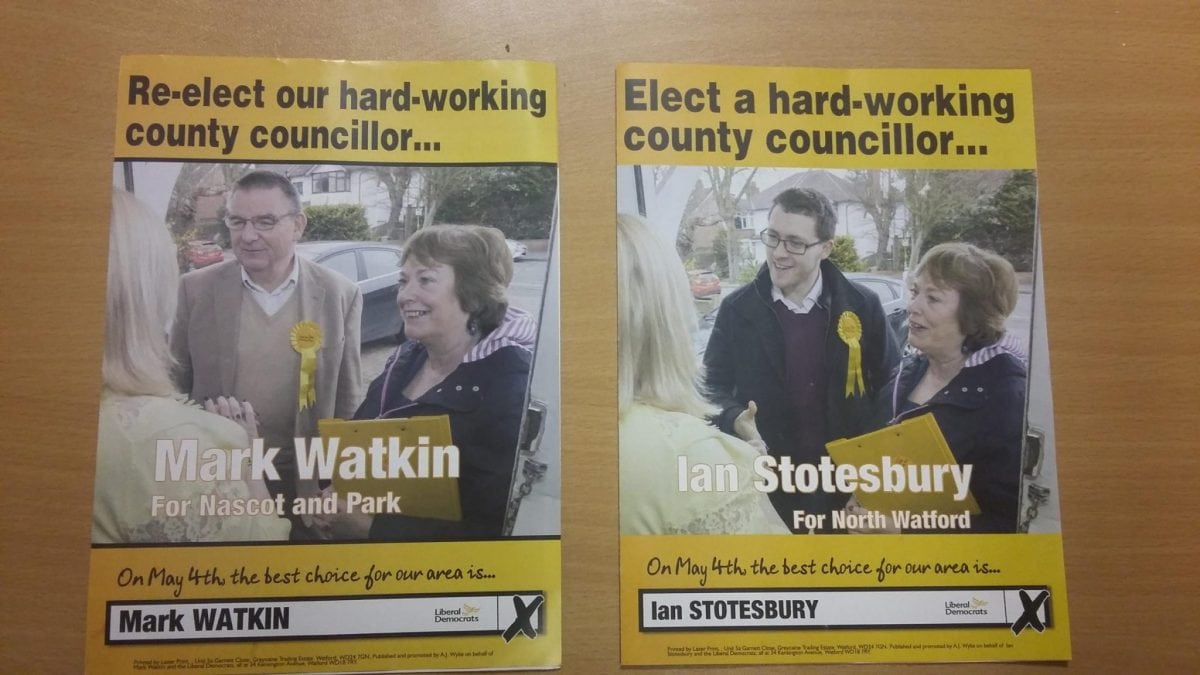 The two leaflets featuring the Mayor of Watford  Dorothy Thornhill that were taken at her front door. See National copy NNMAYOR: The Mayor of Watford has appeared on two election leaflets canvassing support at her own front door. The leaflets posted to residents in the North Watford and Nascot and Park wards show almost identical shots of Mayor Dorothy Thornhill talking to an unknown “constituent”, accompanied by either Ian Stotesbury or Mark Watkin - the Lib Dem county council candidates for those two areas. However it has been revealed that the staged photographs were actually taken from inside Mayor Thornhill’s own home in Oxhey Road, a considerable distance from either ward.