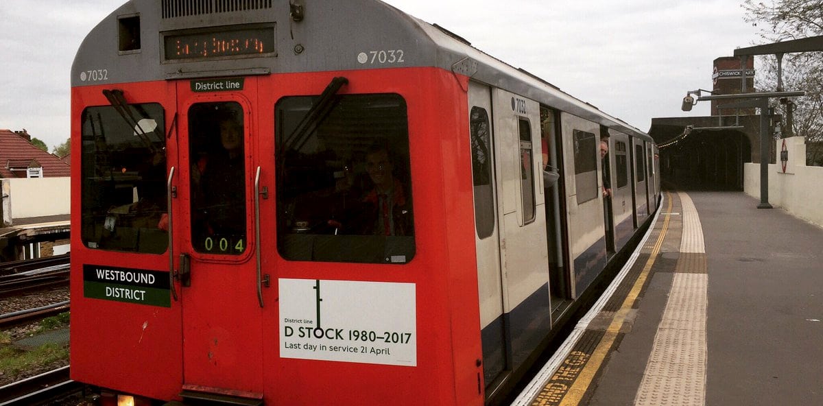 The last D-stock District Line train on its penultimate journey. Nostalgic commuters have celebrated the end of an era as the last 'old-style' Tube train finished its final journey. See National story NNTUBE; The last D-stock District Line train, introduced in 1980, was withdrawn from service on Friday after the classic trains were phased out for new stock. Just three six-car trains remained in service until Thursday, with the last running its final journey from Upminster, east London, to Ealing Broadway, west London, during the evening rush hour. Tube buffs clambered for a space on the 280-seat train, designed with a double set of seats facing one another in the middle of each carriage.
