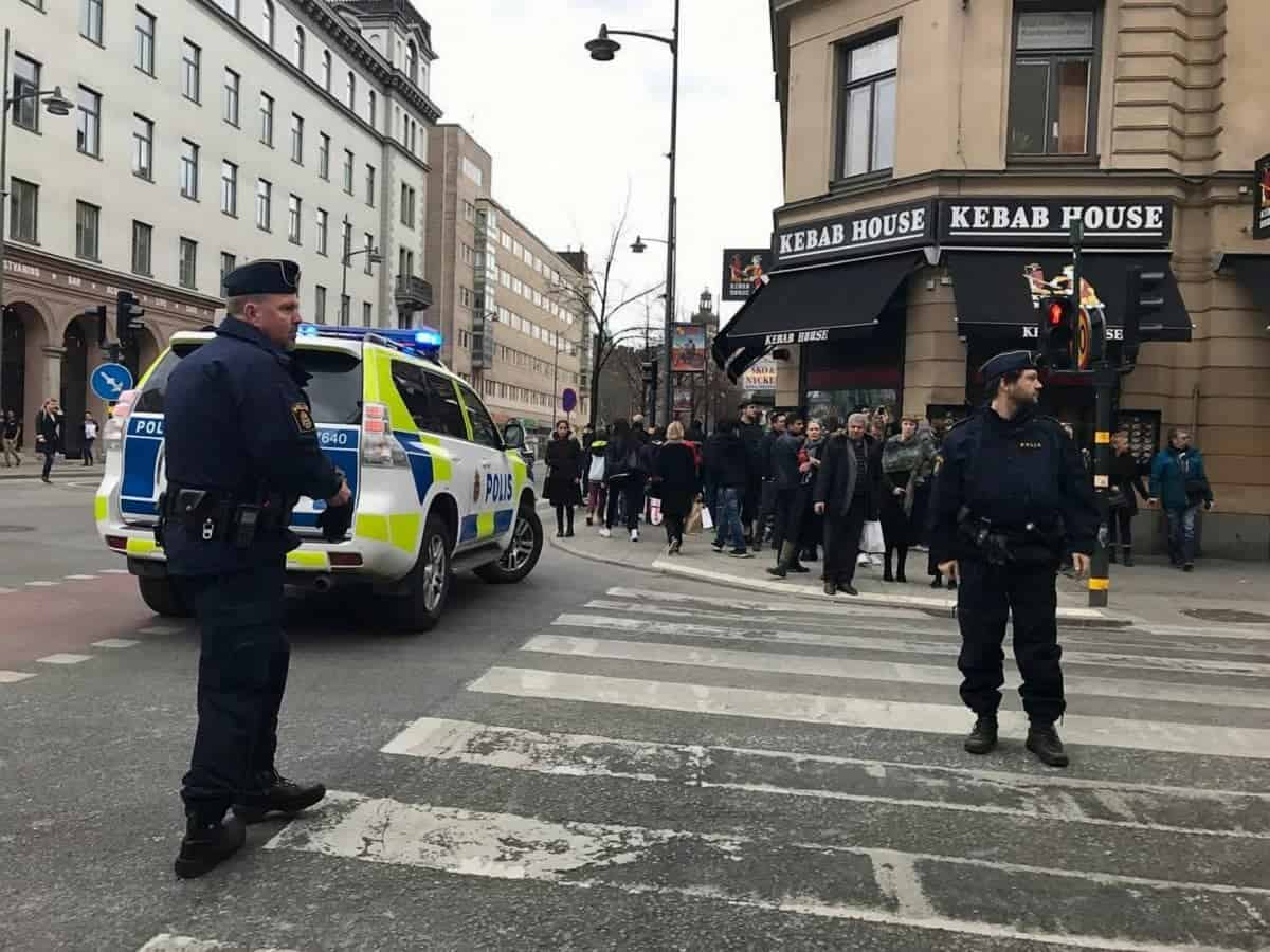 The scene in Stockholm where a lorry has driven into a store, April 7 2017. See SWNS story. A lorry has driven into a store in the centre of the Swedish capital Stockholm, killing at least three people, local media say. Shots have also reportedly been fired. Swedish police said a number of people were injured. The incident took place on Drottninggatan (Queen Street), one of the city's major pedestrian streets, just before 15:00 local time (14:00 GMT).