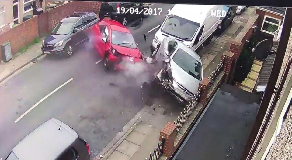Watch – Crazy CCTV shows moment car ploughs into FOUR vehicles