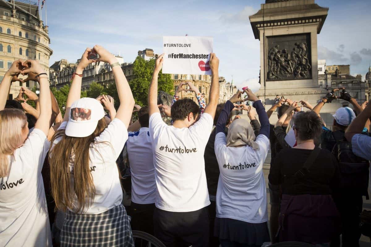 A minutes silence is held in Trafalgar Square in London this evening for those killed during the terror attacks in Manchester. May 23 2017.