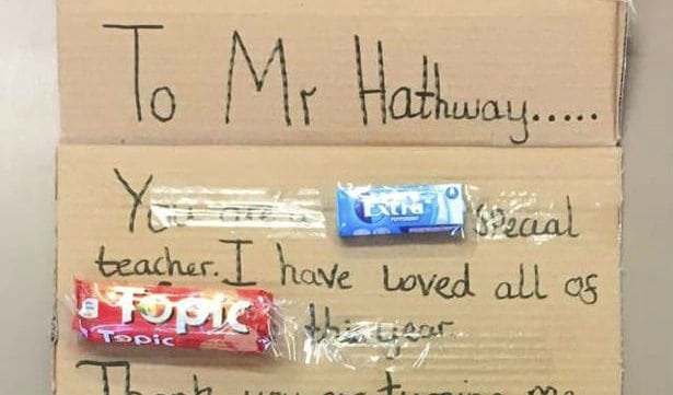 Student thanks teacher with special chocolate bar message