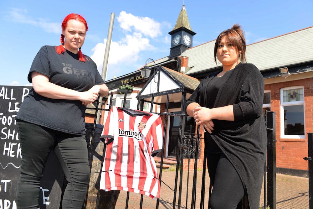 Bradley Lowery tribute defaced outside The Clock pub in Hebburn - (L-R) Kerry Neale and Taylor Joyce.  Heartless thugs have vandalised a shirt hung up in tribute to inspirational youngster Bradley Lowery - by writing a SWEAR word on it.  See ROSS PARRY story RPYBRADLEY.  A Sunderland AFC shirt with a heartfelt message to Bradley had been put up outside the Clock Pub, on Victoria Road East, Hebburn.  The loving message on the shirt read 'There is only one Bradley Lowery, rest in peace love. Alan and Yvonne xxx.'  But a disgusting swear word was daubed over the message sometime early this morning (July 13).  The despicable act was discovered when the pub opened this morning by the pub's manager, Andrea Howe, who has told of her disgust.