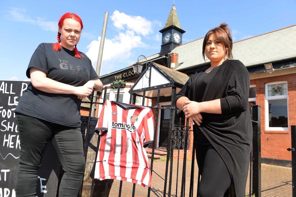 Bradley Lowery tribute defaced outside The Clock pub in Hebburn - (L-R) Kerry Neale and Taylor Joyce.  Heartless thugs have vandalised a shirt hung up in tribute to inspirational youngster Bradley Lowery - by writing a SWEAR word on it.  See ROSS PARRY story RPYBRADLEY.  A Sunderland AFC shirt with a heartfelt message to Bradley had been put up outside the Clock Pub, on Victoria Road East, Hebburn.  The loving message on the shirt read 'There is only one Bradley Lowery, rest in peace love. Alan and Yvonne xxx.'  But a disgusting swear word was daubed over the message sometime early this morning (July 13).  The despicable act was discovered when the pub opened this morning by the pub's manager, Andrea Howe, who has told of her disgust.