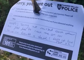 Police left a 'kind' note behind them after digging up a cannabis plantation in woodlands near Oxford. See National  story NNPOT; Officers discovered the plants in woods between Wolvercote Mill Stream and the A34 at 6pm on Friday after a tip off. After digging it up they left a 'sorry you were out' note and offered to discuss a deal. The note said: "Ooops! Sorry we missed each other but feel free to call me on 101 so we can discuss a deal. "Lots of love TVP x x" In a Tweet the force used the hashtag 'WeveGotManners'