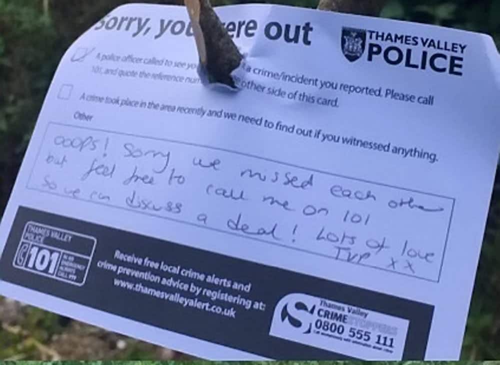 Police left a “sorry we missed you” note after discovering cannabis plantation