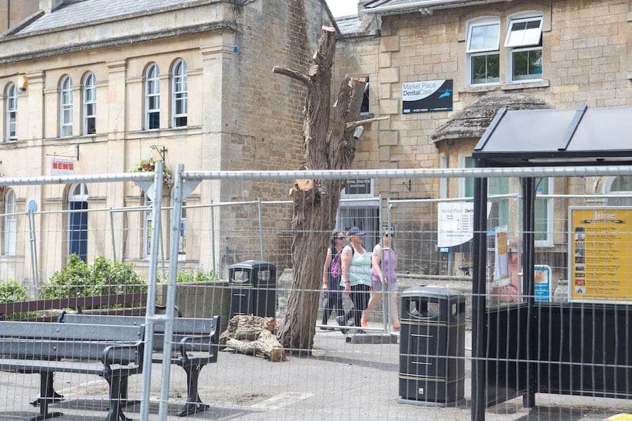 Council redevelopment of the market space which meant a tree had to be cut down the day before the judging of the Britain in Bloom contest Melksham, Wiltshire. See SWNS story SWBLOOM; Volunteers in a well-kept market town are "horrified" after the council felled a row of trees - the day before an inspection by Britain in Bloom judges. Green-fingered locals had worked "tirelessly" to spruce up Melksham, Wilts., by planting flower beds, weeding borders and cleaning parks. But they were furious when contractors felled the landmark trees in Market Place the day before the town was judged by the Royal Horticultural Society (RHS).  Wiltshire Council has apologised for the timing of the tree works but volunteers fear the judges will penalise the town because of its ugly central square. Kathy Iles, who co-ordinates activities for South West in Bloom Melksham, was reduced to tears when she saw the jagged stumps.