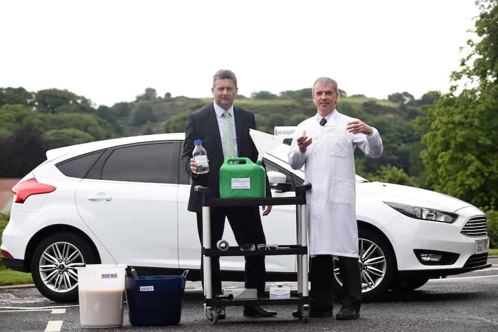 FREE FIRST USE

Mark Simmers from Celtic Renewables(L) and Professor Martin Tangney with the world's first car to be fuelled by whisky residue biofuel takes it's inaugural journey. See Centre Press story CPFUEL; The world's first car running on a biofuel made from WHISKY residue has had its first successful test drive. The fuel - biobutanol - is a brand new type of sustainable fuel and is designed to be a direct replacement for petrol and diesel. It is produced from draff - the sugar-rich kernels of barley which are soaked in water to facilitate the fermentation process necessary for whisky production. The other main ingredient is pot ale, the copper-containing yeasty liquid that is left over following distillation. Unlike other biofuels, biobutanol can be used as a direct replacement for road fuels like petrol or diesel.



Lesley Martin
07836745264
lesley@lesleymartin.co.uk
www.lesleymartin.co.uk

All images © Lesley Martin 2017. Free first use only for editorial in connection with the commissioning client's press-released story. All other rights are reserved. Use in any other context is expressly prohibited without prior permission.