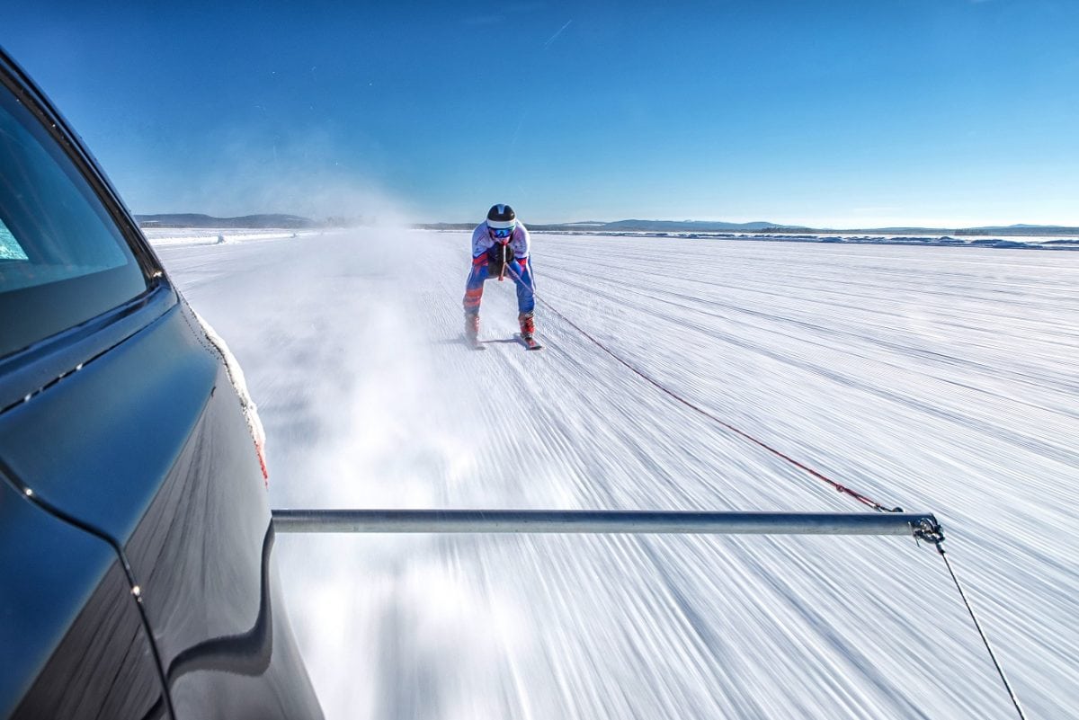 Graham Bell filmed being towed across the Arctic Circle at almost 120mph