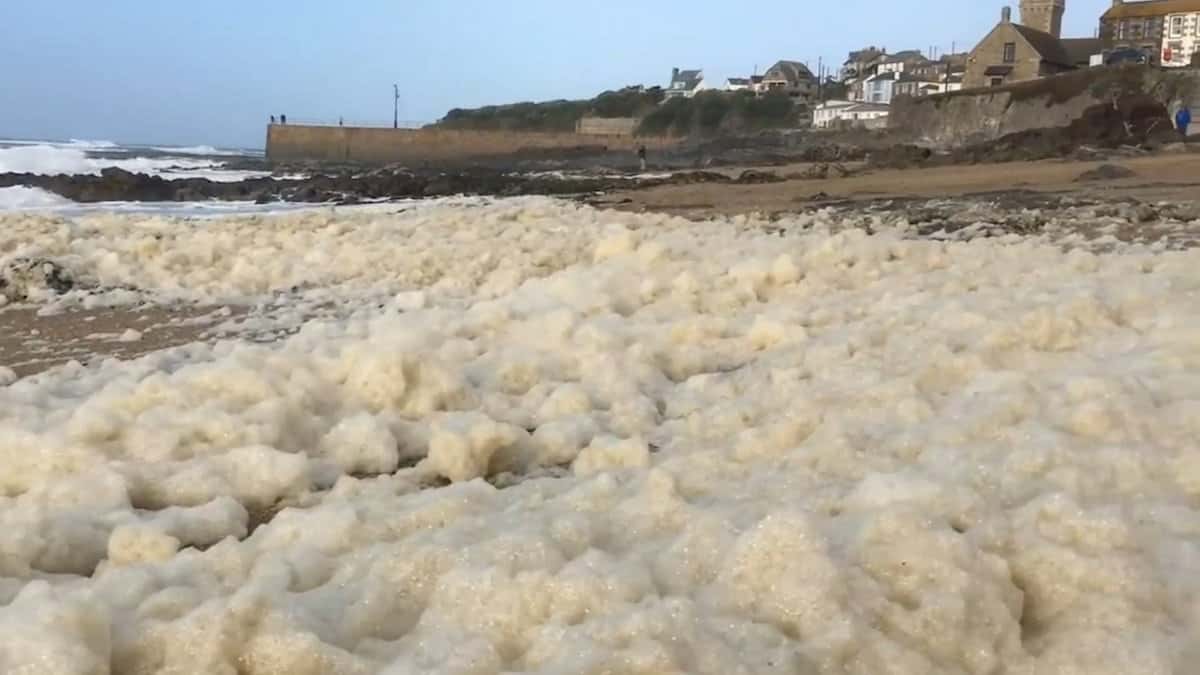 Cornish beach covered in foam in freak effect of Hurricane Ophelia