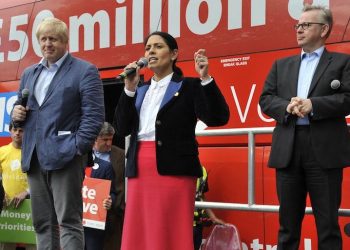 File photo of Boris Johnson making his Vote Leave speech in Preston, Lancs., along with Michael Gove and Priti Patel as they bring their Brexit roadshow to the Lancashire city. 1 June 2016. The bus used in the Vote Leave campaign has now been bought by Greenpeace.