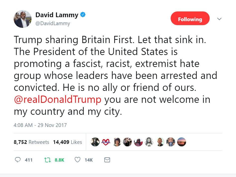 Labour MP says Donald Trump “not welcome in my country and my city” after POTUS retweets disgraced Britain First deputy leader’s islamophobic posts