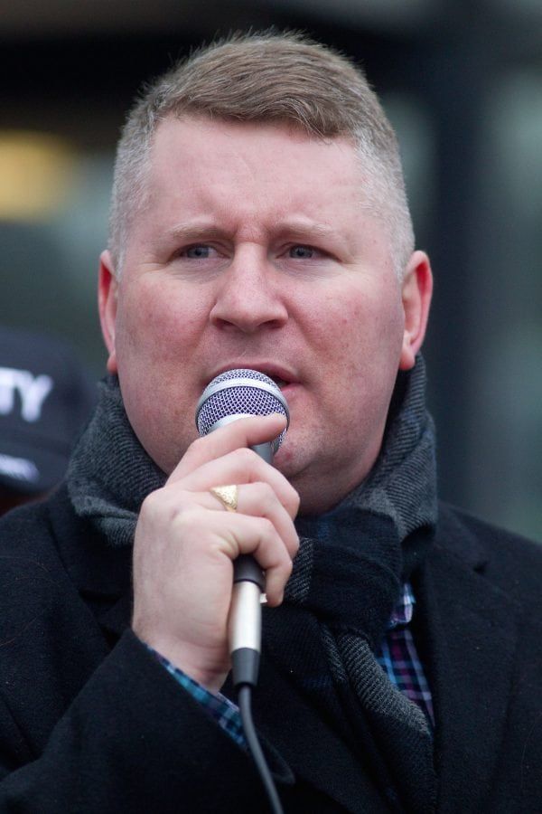 Britain First/Leader Paul Golding<br /> A protest by Britain First and a counter protest by Unite Against Fascism took place in Telford, Shropshire today 25/02/2017. Police engaged with both organisers to ensure a peaceful event with minimal disruption and a proportionate policing response. The march started at 1pm, Britain First process from Telford Central station to Darby House.