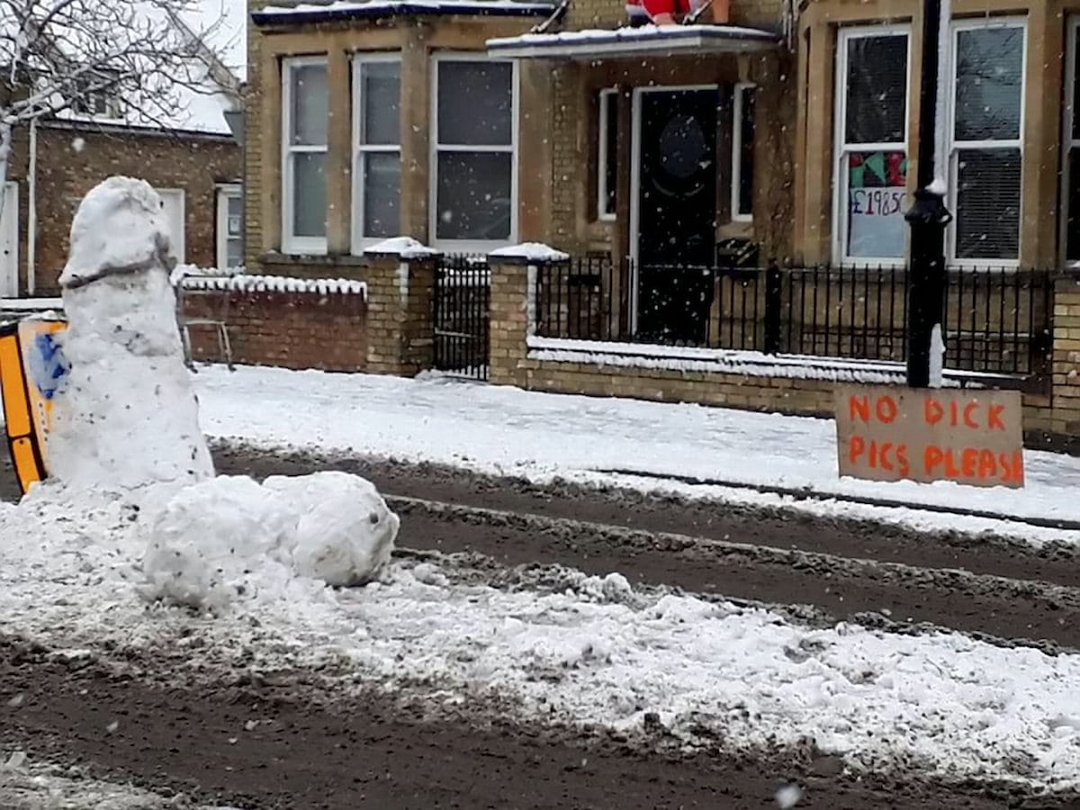 Pranksters erect giant five-foot tall snow penis & place sign requesting “no d*ck pics please”