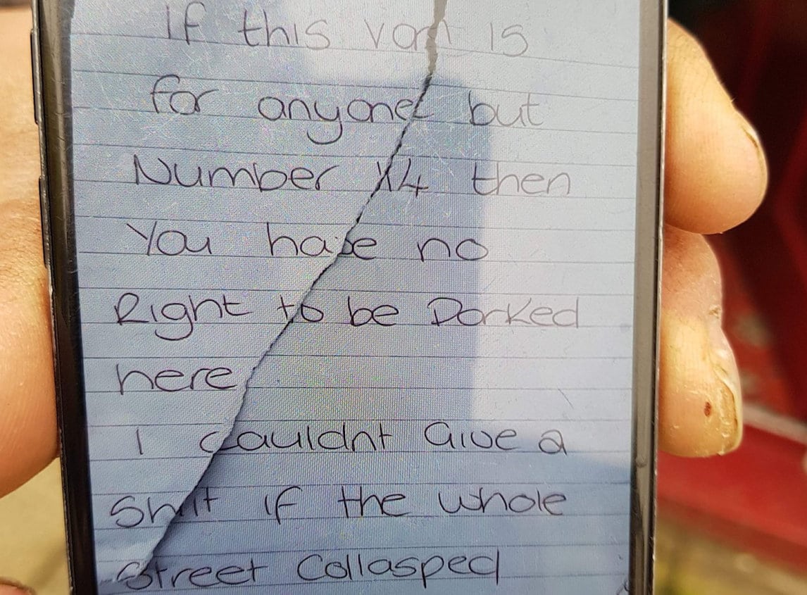 Please note mandatory credit WMAS / SWNS.com

Paramedics were left stunned after finding this note demanding they moved their ambulance during a 999 call with the message:"I don't give a sh*t if the whole street collapses". See News team story NTINOTE; The angry message was written by a woman who was annoyed that an ambulance was in a resident's parking bay on Sunday morning (18/2). West Midlands Ambulance Service said the resident also verbally abused staff members during the emergency call-out in Tunstall, Stoke-on-Trent, Staffs. The note read: "If this van is for anyone but No.14 then you have no right to park here.