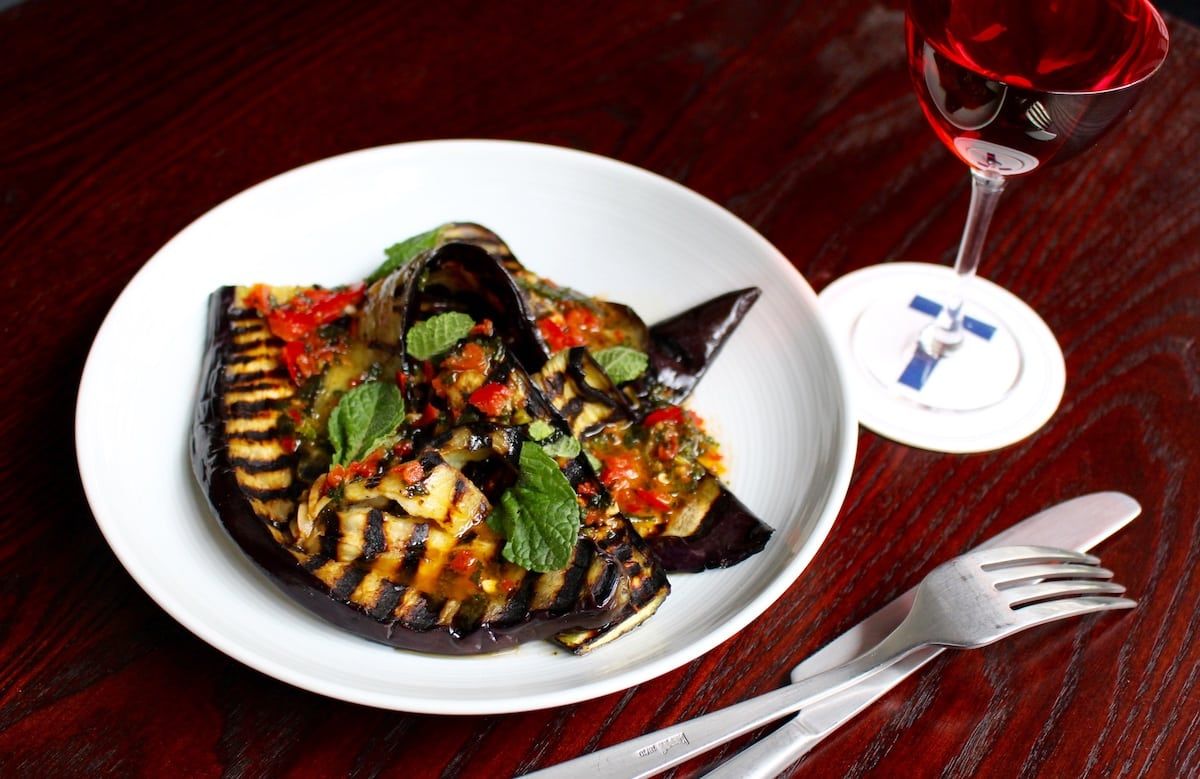 Fat Tony's chargrilled aubergine, mint, garlic and chilli.