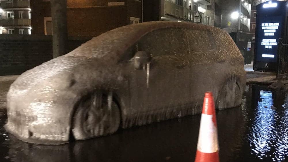 This car won’t be going anywhere today, after it was turned into a block of ice by a burst water pipe