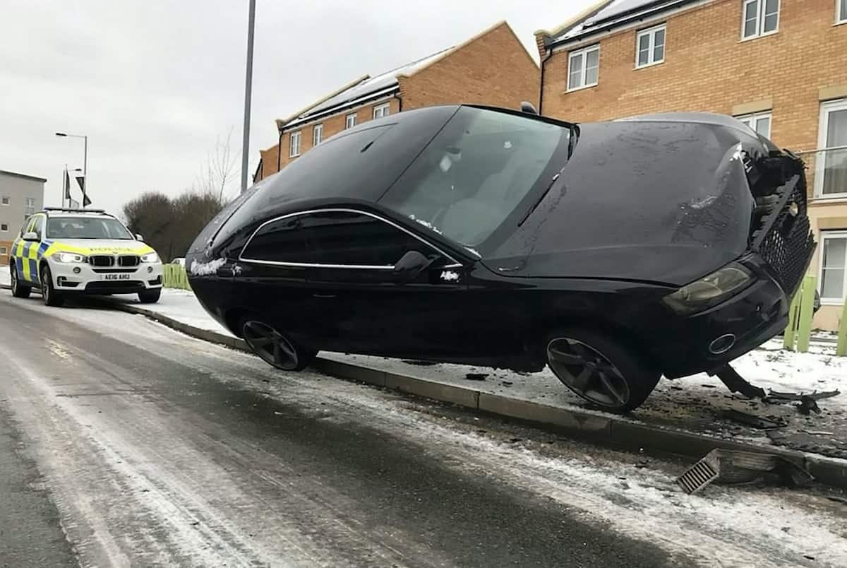 Audi frozen mid-air in freak crash as driver is almost twice the drink drive legal limit